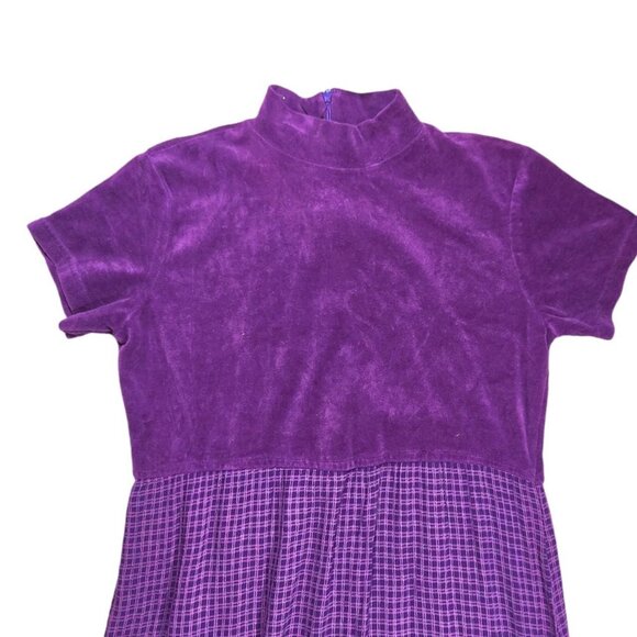 Purple Gingham Empire Waist Vintage Velvet Top Short Sleeve Maxi Dress Medium - Picture 7 of 8